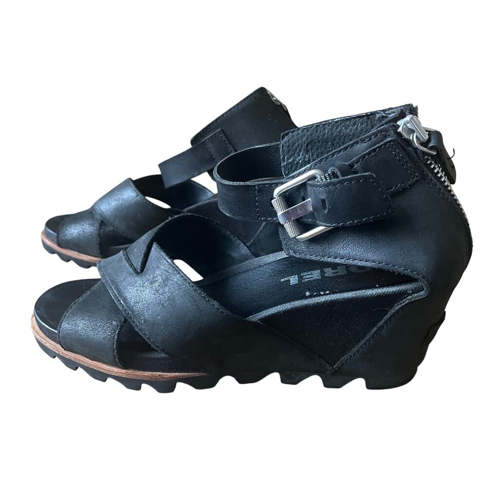 Sorel Wedge Sandals Women's Size 9.5 Black Leather Back Zip Buckle